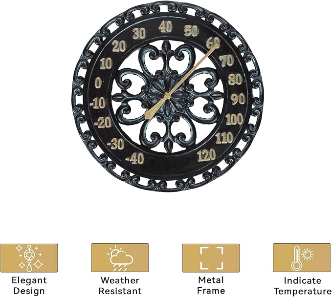 Lily's Home Hanging Verdigris Wall Dial Thermometer, Ideal for Indoor and Outdoor Use, Black (13 Inches)