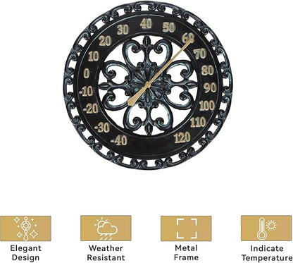 Lily's Home Hanging Verdigris Wall Dial Thermometer, Ideal for Indoor and Outdoor Use, Black (13 Inches)