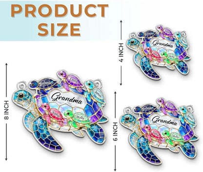 Personalized Sea Turtle Family Sun Catcher Gift for Mom Grandma, Custom Grandma and Grandkids Turtle Acrylic Window Hanging Decor Gift for Mothers Day, Faux Stained Glass Ocean Decor