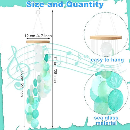 Wenqik Sea Glass Shell Wind Chimes for Outside Seaglass Capiz Windchime Spiral Wind Chimes for Women Beach Holiday Summer Gift Indoor Outdoor Home Housewarming Garden Decor(Light Blue)