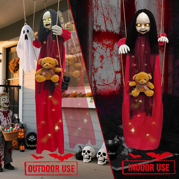 Outdoor Hanging Swinging Girl Halloween Decorations,Lighted Creepy Doll Halloween Dolls Scary Props for Garden Yard Lawn and Haunted House Decorations