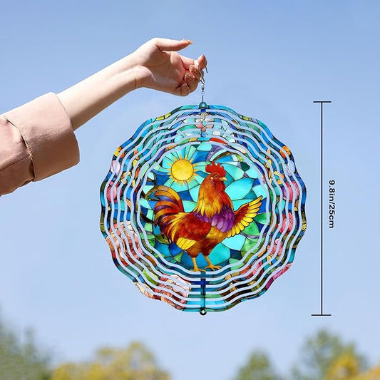 10 Inch 3D Rooster Wind Spinner for Yard and Garden, Laser Cut Metal Hanging Kinetic Wind Rustproof Sculpture for Lawn Balcony Window Porch Outdoor Decor