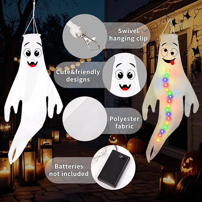 Crashing Witch into Tree Halloween Outdoor Decoration with 2 Pack 43‘’ Hanging Ghost Light Up Ghost Decorations, Halloween Decor for Yard Garden Porch