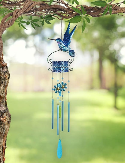 Sunset Vista Designs Hanging Outdoor Décor Garden Party Colorful Metal and Glass Wind Chime Windbell, 41-Inch, Hummingbird
