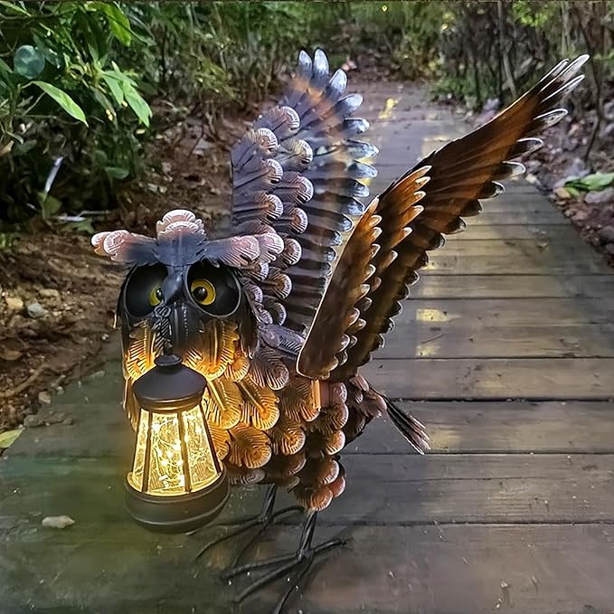 Modista Metal Yard Art Decor Owl Garden Statues Sculptures with Solar Lamp for Home Yard Decorations Outdoor Clearance