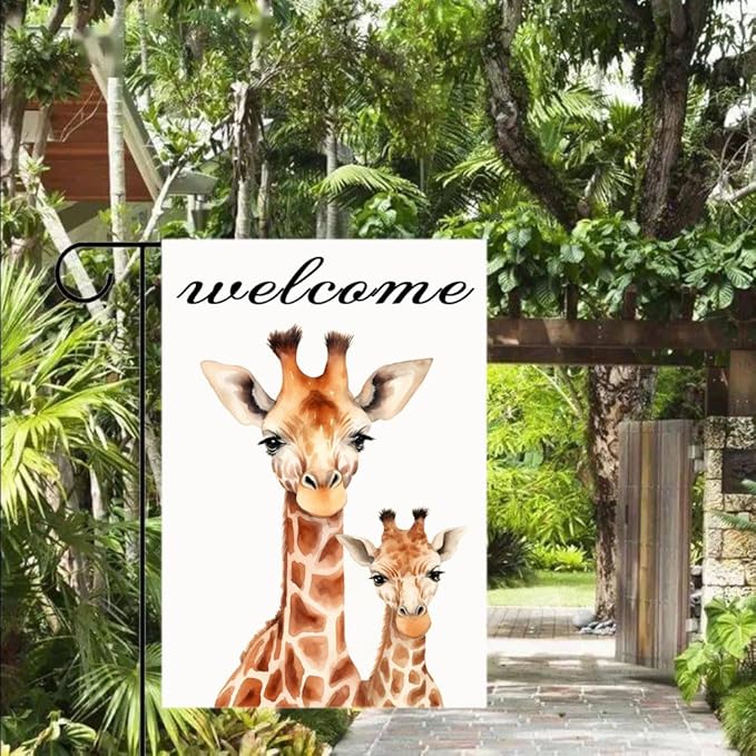 Gkyygk Welcome Giraffe Garden Flag 12 x 18 Inch Double Sided Welcome Banners Farmhouse Holiday Outside Decor Burlap Yard Flag