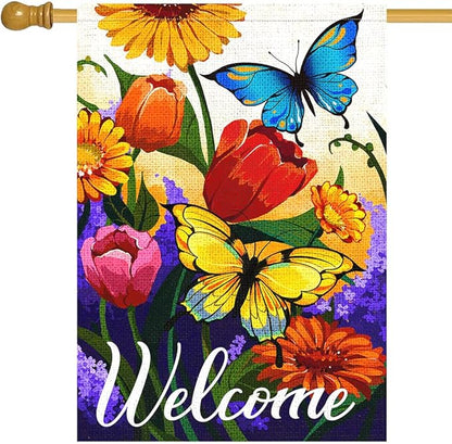 Louise Maelys Welcome Spring Floral House Flag 28x40 Inch Double Sided, Burlap Large Spring Summer Butterfly Yard for Seasonal Outside Outdoor House Decoration