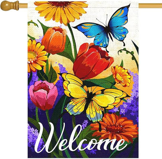 Louise Maelys Welcome Spring Floral House Flag 28x40 Inch Double Sided, Burlap Large Spring Summer Butterfly Yard for Seasonal Outside Outdoor House Decoration