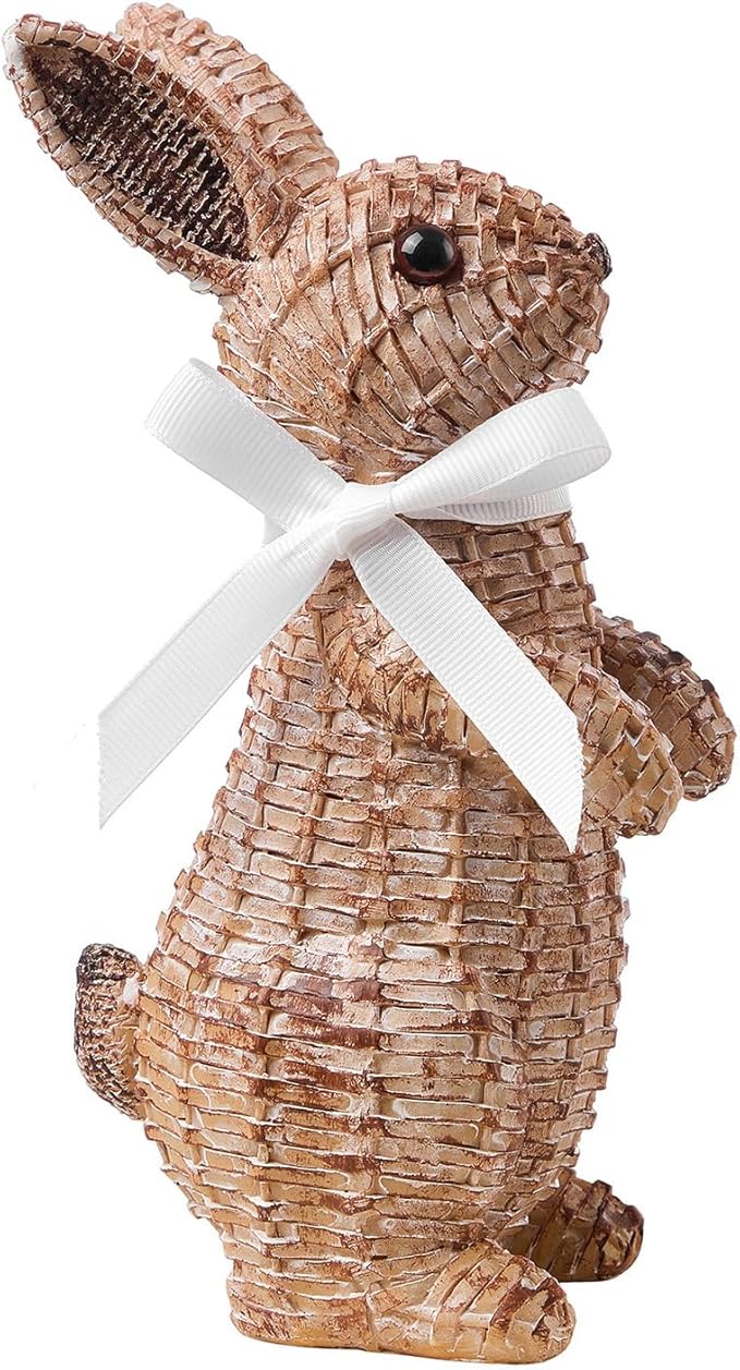 Rattan Rabbit Woven Rabbit Bow Resin Ornaments for Home Courtyard Lawn Tabletop and Easter Decoration to Enhance The Easter Atmosphere Preferred Easter Gifts (8.1in Brown Station)