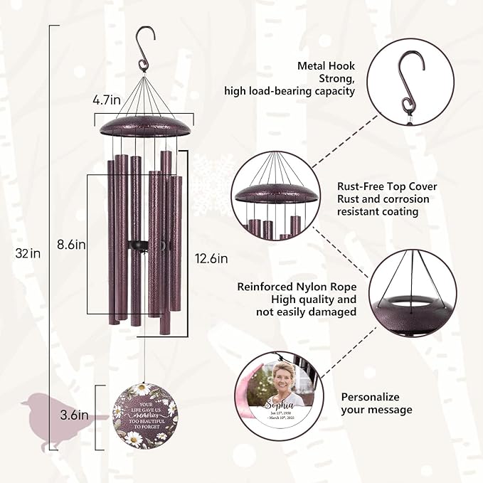 ASTARIN Custom Picture Memorial 32 inch Wind Chimes, Loss of Father Mother Sympathy Gift, Memorial Gifts for Loss of Son, Gifts for Grieving Friends, Sympathy Wind Chimes, Produced in USA