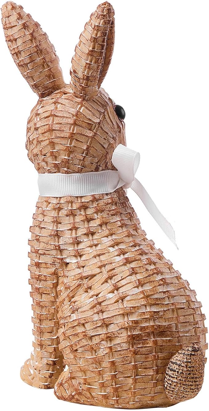 Rattan Rabbit Woven Rabbit Bow Resin Ornaments for Home Courtyard Lawn Tabletop and Easter Decoration to Enhance The Easter Atmosphere Preferred Easter Gifts (8.1in Brown Seat)