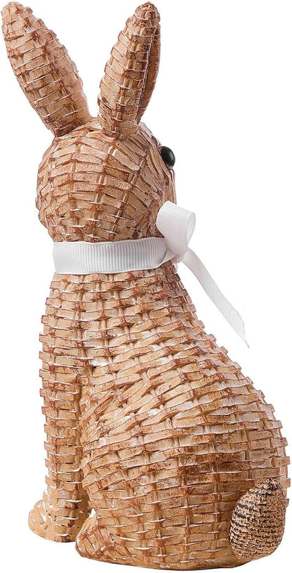 Rattan Rabbit Woven Rabbit Bow Resin Ornaments for Home Courtyard Lawn Tabletop and Easter Decoration to Enhance The Easter Atmosphere Preferred Easter Gifts (8.1in Brown Seat)