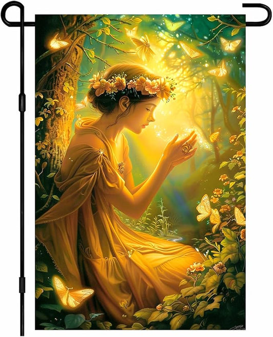 IVN Enchanted Fairy Garden Flag 12x18 Spring Outdoor Yard Flag with Flower Crown Fairy & Glowing Butterflies Double Sided Seasonal Lawn Decor for Garden Porch or Patio