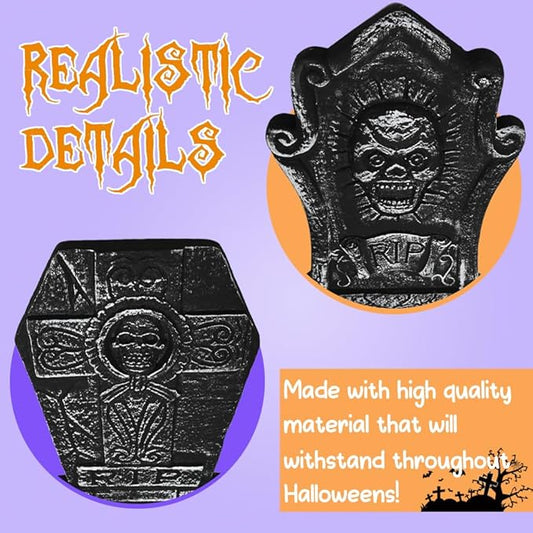 LUKBERA 5Pcs 17" Halloween Foam Tombstones, RIP Graveyard Tombstones with Bonus Metal Stakes Decorations for Halloween Lawn Yard Outdoor, Haunted House Decor