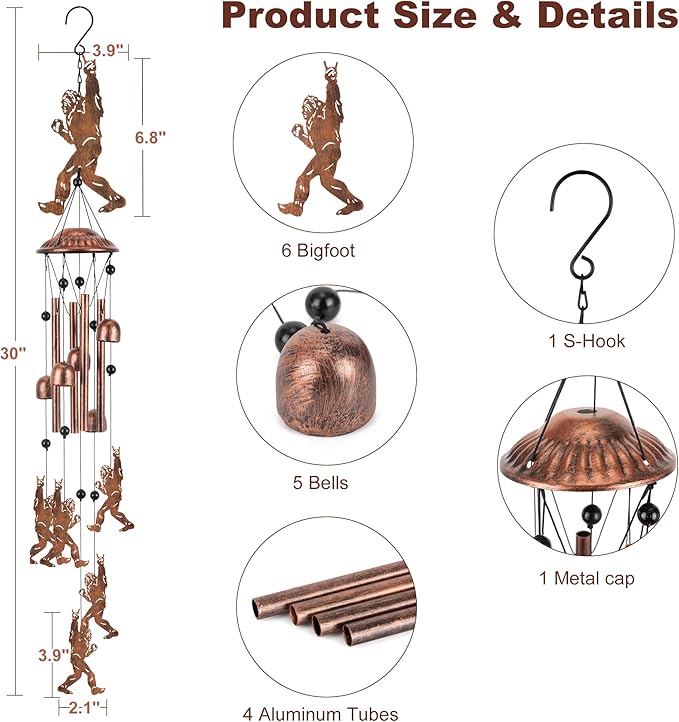 Bigfoot Wind Chimes for Outside Metal Sasquatch Wind Chimes Outdoor Indoors Wind Chime Garden Decor Gifts for Women Men Porch Patio Home Yard Porch Decoration