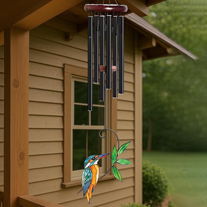Personalized Metal Wind Chime Garden Sign, 40 Inch Outdoor Colorful Bird & Flower Memorial Decor, Yard Hanging Plaque for Patio Porch Lawn (JSTY371)