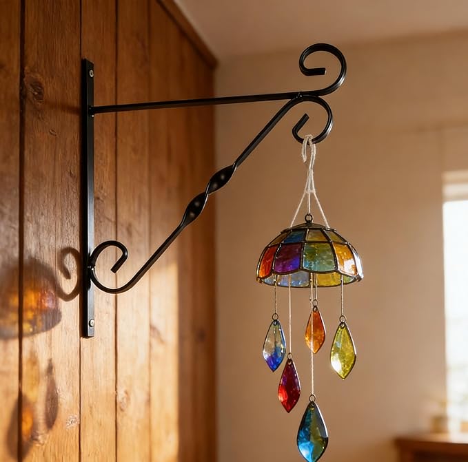 JunC Black Iron Candle Holder Hanger with Hooks for Hanging Plants Indoor Outdoor Wall Mount, Metal Bracket,Bird Feeder Hook, Wind Chime Holder (10lb Capacity) (Simple)