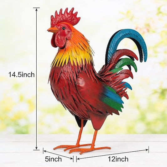 Ratuor Rooster Garden Statue Sculpture Metal Chicken Yard Decor Outdoor Figurines Patio Backyard Decoration (red)