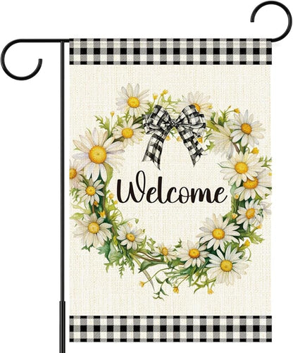 Daisy Wreath Welcome Garden Flags for Outside,Spring Flowers Garden Flag Yard Lawn Porch Flag for Outdoor Decorations 12x18 Inch Double Sided
