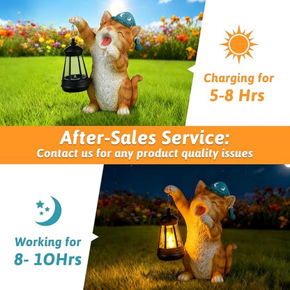 ILLUMINEW Solar Dragon Garden Statue with Lantern and Birds – Resin Dinosaur Figurine with LED Light for Yard, Outdoor Decor, Gifts for Mom, Women (Cat)