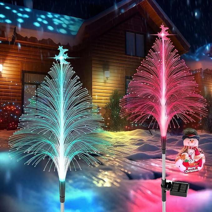Solar Christmas Tree Lights, Christmas Decorations Outdoor, with 7 Color Changing Jellyfish Lights, Waterproof Solar Powered Christmas Tree for Outdoor Garden Pathway Xmas Decor（2 Pack