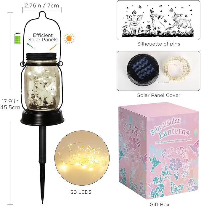 Pig Gifts for Women/Men/Kids Pig Lovers Animal Solar Lantern, Piglet Animal Christmas Gifts, Solar Garden Decoration, Night Light Room Decor Farm Piglet Present Yard, Patio,Backyard,Porch, Torches