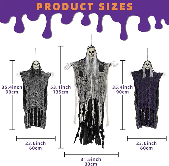 Kendane Halloween Decorations Outdoor and Indoor,3PCS Scary Hanging Ghosts,Halloween Grim Reaper Skeleton,Scary Party Decorations for Yard,Haunted House Decor
