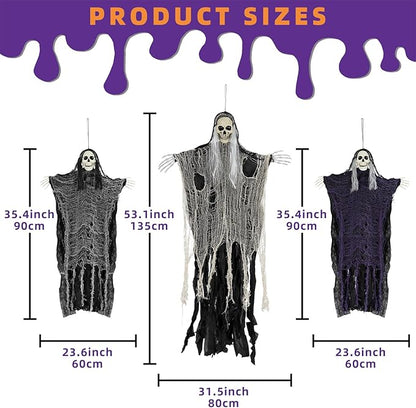 Kendane Halloween Decorations Outdoor and Indoor,3PCS Scary Hanging Ghosts,Halloween Grim Reaper Skeleton,Scary Party Decorations for Yard,Haunted House Decor