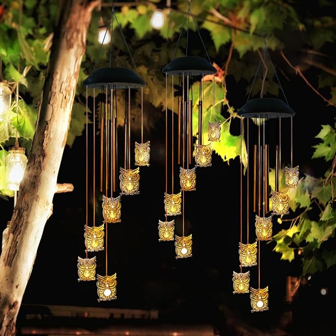 Solar Owl Wind Chimes Outdoor,Solar Wind Chimes for Outside,Hanging Lights Warm LED Garden Patio Yard Decor,Gardening Gifts for Wife Mother Grandmom,Christmas Yard Decorations