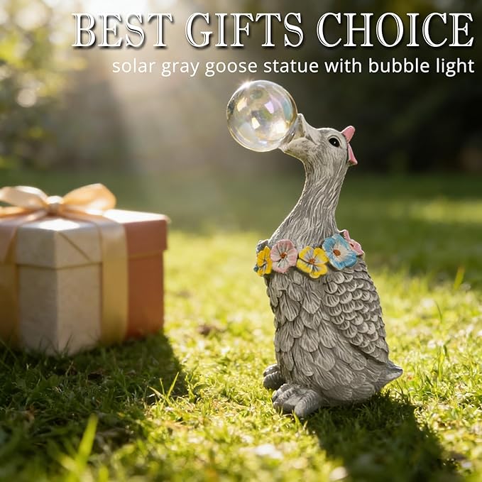 Porch Goose Statue with Solar Bubble Light Garden Gray Figurine Decor for Yard Lawn Patio Outdoor Decorations Housewarming Gifts for Mom Grandma Women