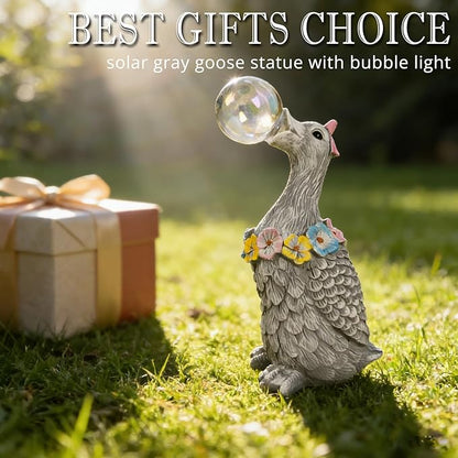 Porch Goose Statue with Solar Bubble Light Garden Gray Figurine Decor for Yard Lawn Patio Outdoor Decorations Housewarming Gifts for Mom Grandma Women