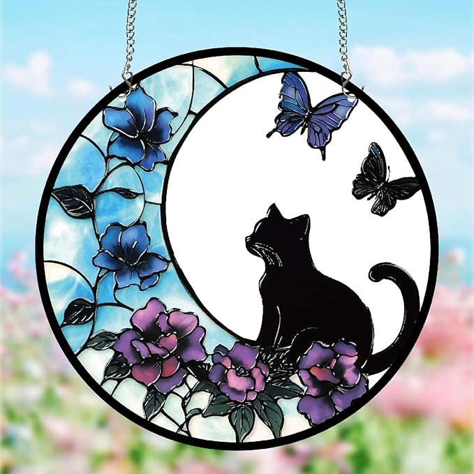 CREATCABIN Cat Window Suncatcher Stained Acrylic Glass Window Hanging Decor 9.8 Inch Round Panel with Metal Chain Flower Butterfly Sun Catcher Wall Art for Home Garden Halloween Christmas Decor