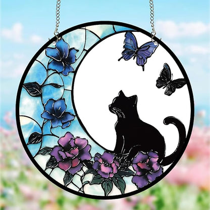 CREATCABIN Cat Window Suncatcher Stained Acrylic Glass Window Hanging Decor 9.8 Inch Round Panel with Metal Chain Flower Butterfly Sun Catcher Wall Art for Home Garden Halloween Christmas Decor