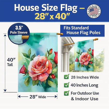 Caroline's Treasures Oklahoma Roses in Watercolor House Flag Large Porch Sleeve Pole Decorative Outside Yard Banner Artwork Wall Hanging, Polyester, House Size, Multicolor