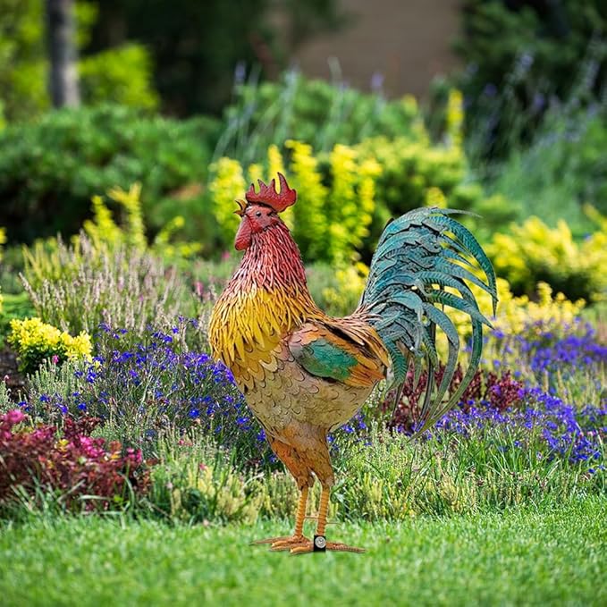 Rooster Garden Statue,12 in 2D Graphic Design Metal Rooster Decor Garden Statue with Stakes,Standing Small Metal Chicken Yard Decor Figurines,Patio Backyard Lawn Home Chicken Sculpture(Not 3D)