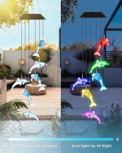 DOUBLEZHE Solar Wind Chimes for Outside, Color Changing Dolphin Wind Chime Outdoor Clearance, Birthday Gifts for Mom Women Grandma Wife Girls, Unique Garden Decor Colorful Patio Yard Party Decoration