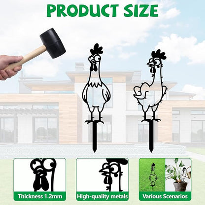 GLOBLELAND 2pcs Cute Cartoon Chicken Mental Garden Stakes Black Silhouette Chickens Decorative Yard Stakes Trees Metal Outdoor Art Decor for Yard Patio Lawn Walkway Ornament