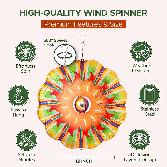 Garden Decor Sun Wind Spinner – 12-in Gazing Sun Hanging Decoration for Yard and – Boho Multicolored Ornament Spinner for Outdoor