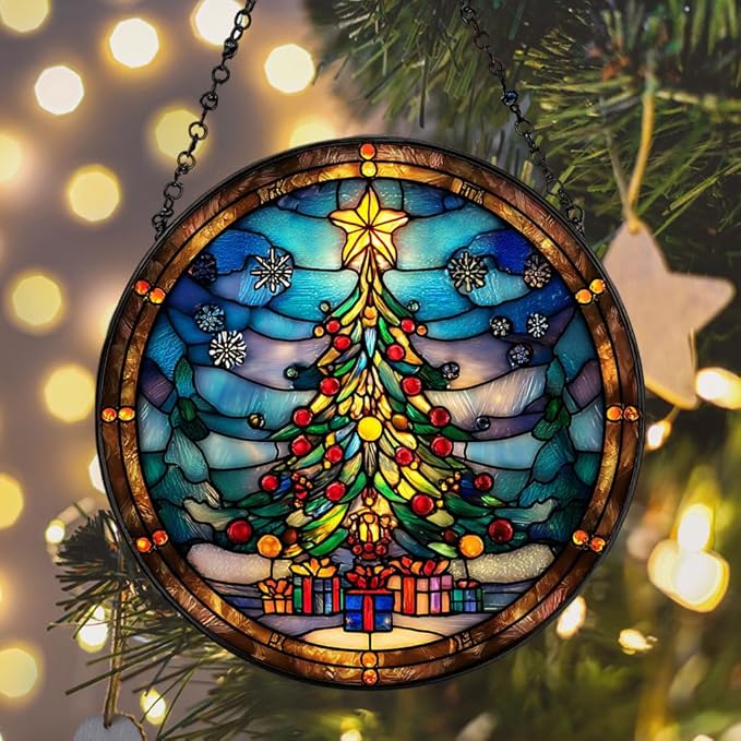 Christmas Tree Presents Star Acrylic Suncatcher Stained Glass Effect Window Car Hanging Christmas Ornament Indoor Outdoor Decor Garden Sun Catcher Panel for Women Mom Grandma