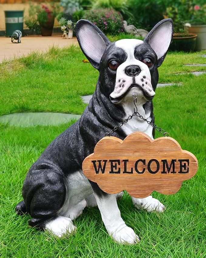 Boston Terrier Garden Statue with Solar Lantern & Welcome Sign, 17" Large Outdoor Dog Decor Yard Art Figurine, Funny Pet Memorial Gift for Patio Lawn Porch Housewarming