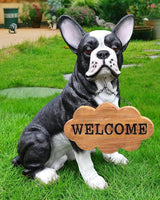 Boston Terrier Garden Statue with Solar Lantern & Welcome Sign, 17" Large Outdoor Dog Decor Yard Art Figurine, Funny Pet Memorial Gift for Patio Lawn Porch Housewarming
