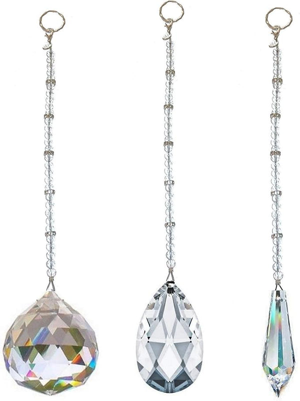 Hidden Hollow Beads Crystal Suncatcher Rear View Mirror 30mm Hanging Ornament Rhinestone Beaded Design Indoor Window & Home Décor (3 Pack Assorted (Icicle, Round, Teardrop))