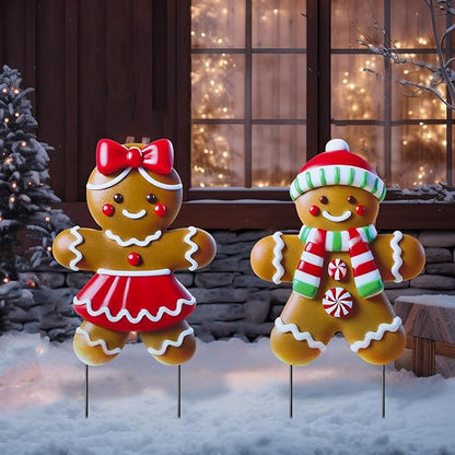 2 Pack Christmas Yard Stakes Metal Stakes 3D Boy and Girl Yard Sign Christmas Outdoor Decorations for Outside Holiday Xmas Winter Ornament Lawn Pathway (Classic Gingerbread Man Couple)