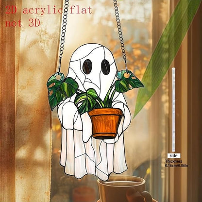 7.8Inch Cute Ghost Suncatcher Handcrafted Greenhouse Window Hanging Decor for Plants, Stained Glass Suncatchers Window Decor for Garden Family Wall，Halloween Party Gift for Friend