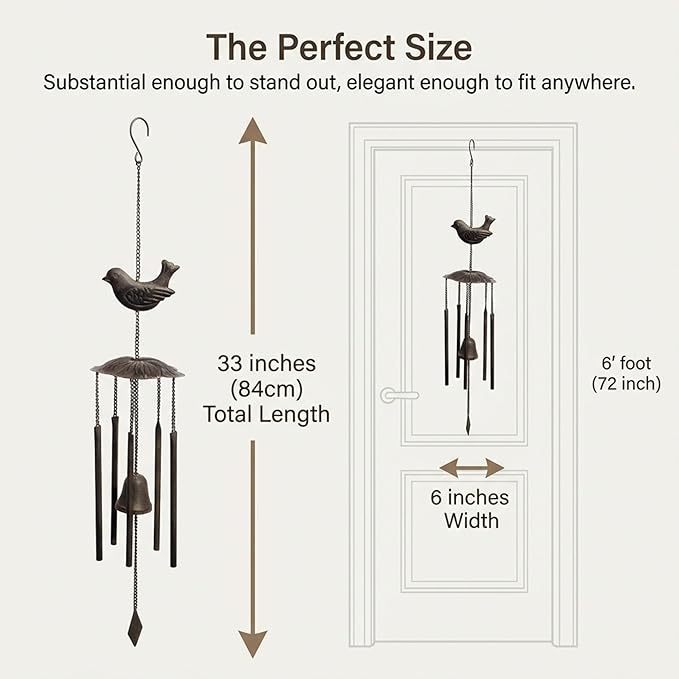 Anderson's Bird Wind Chimes, Antique Metal Outdoor Decor for Garden, Patio, Porch, or Memorial Gift, 33" Soothing Sound, No Assembly, Faux Patina Finish, Great for Relaxation & Meditation