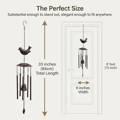 Anderson's Bird Wind Chimes, Antique Metal Outdoor Decor for Garden, Patio, Porch, or Memorial Gift, 33" Soothing Sound, No Assembly, Faux Patina Finish, Great for Relaxation & Meditation