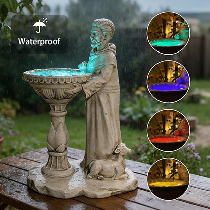 St Francis Garden Statue Outdoor Solar Garden Decor Resin 10.5 Inch Tall Colorful Lights St Francis Statue with Bird Bath Feeder for Yard Patio Lawn Decoration Religious Gardening Gifts