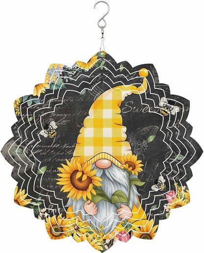 Gnomes Black Wind Spinners Outdoor Inoor, Decorative Hanging Floral Ornaments for Yard Patio Garden, Yellow Sunflower Floral Bee Summer Spring Stainless Steel Metal Wind Sculpture Suspension Trim, 10"