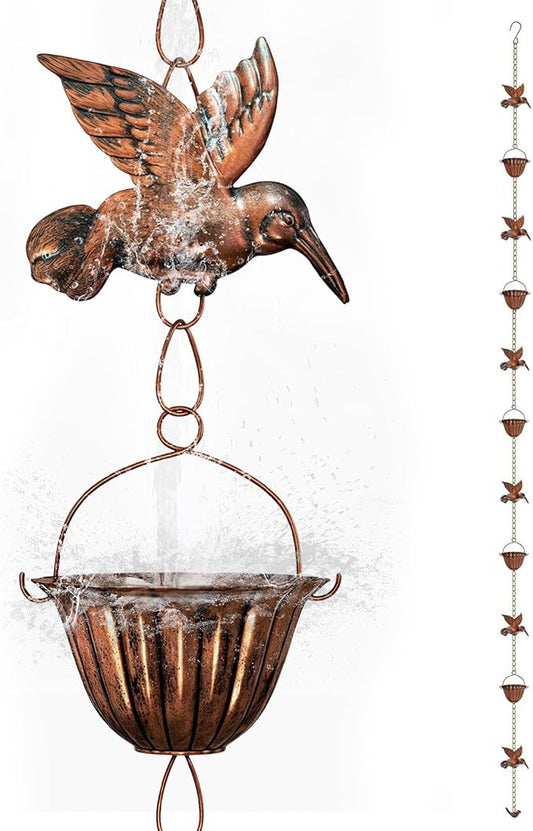8.8ft Copper Rain Chains for Gutters Outside - Adjustable Steel Hanging Rain Hutter Decorative Rain Catcher with 6 Metal Cups,8 Hummingbird Ornaments for Garden Eaves Drainage