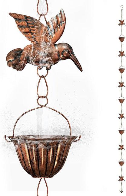 Joyzan Rain Chains for Gutters Outside, 8.5FT Adjustable Rain Catcher Chain with Wide Flared Cups Hummingbird Decor Stable Downspout Alternative for Smooth Water Flow Outdoor Garden Eaves Drainage
